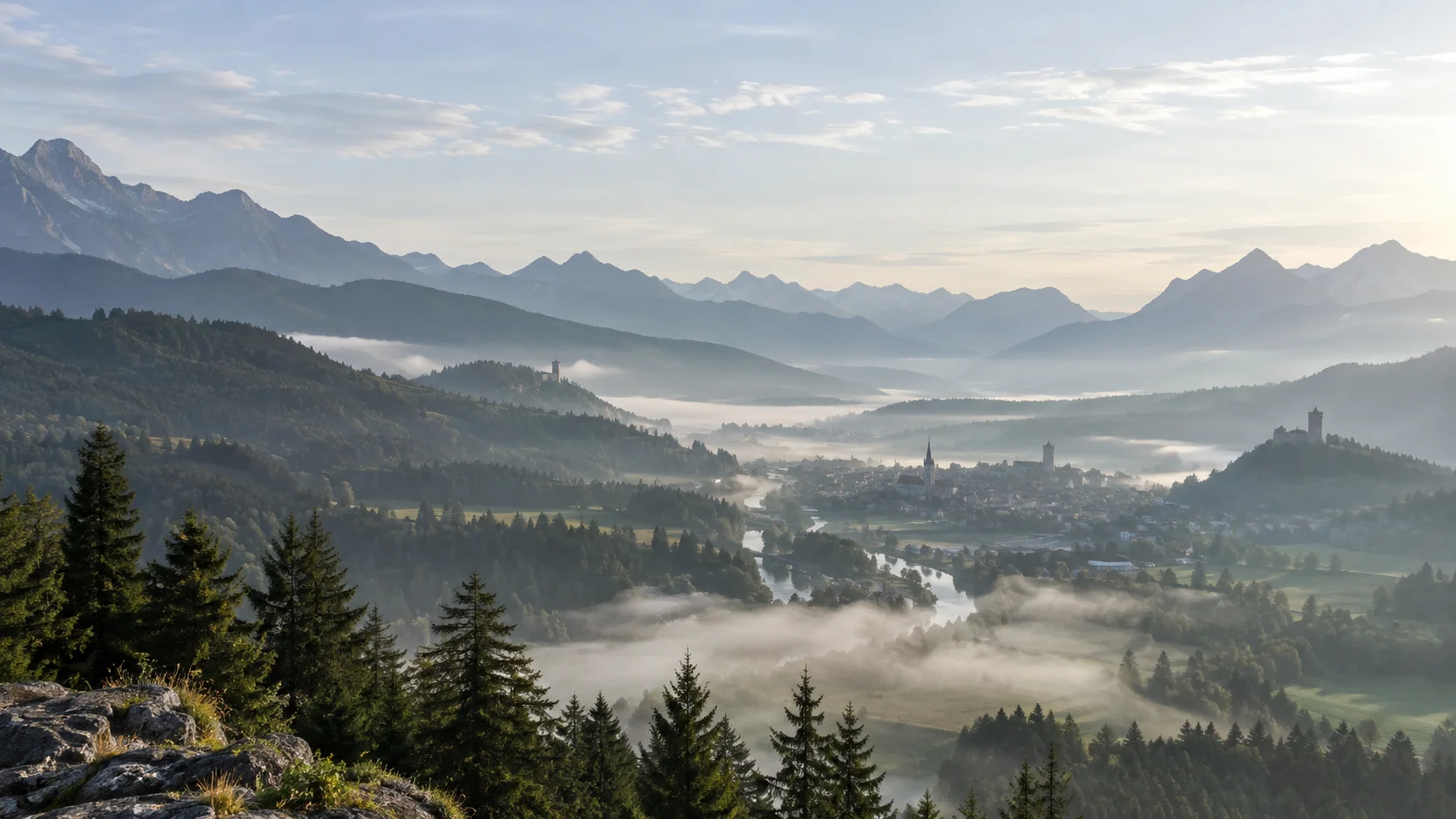 AI-generated illustration of a misty alpine valley, not client camera footage